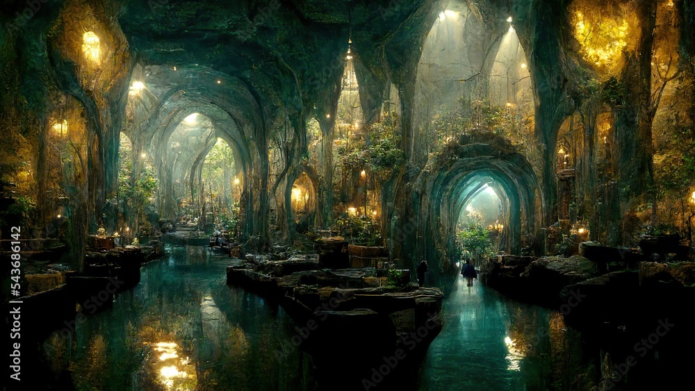 City inside the cave, magical passages and gates, ancient fantasy landscape 