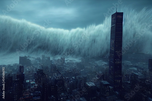 Concept art illustration of massive tsunami wave crashing in big city