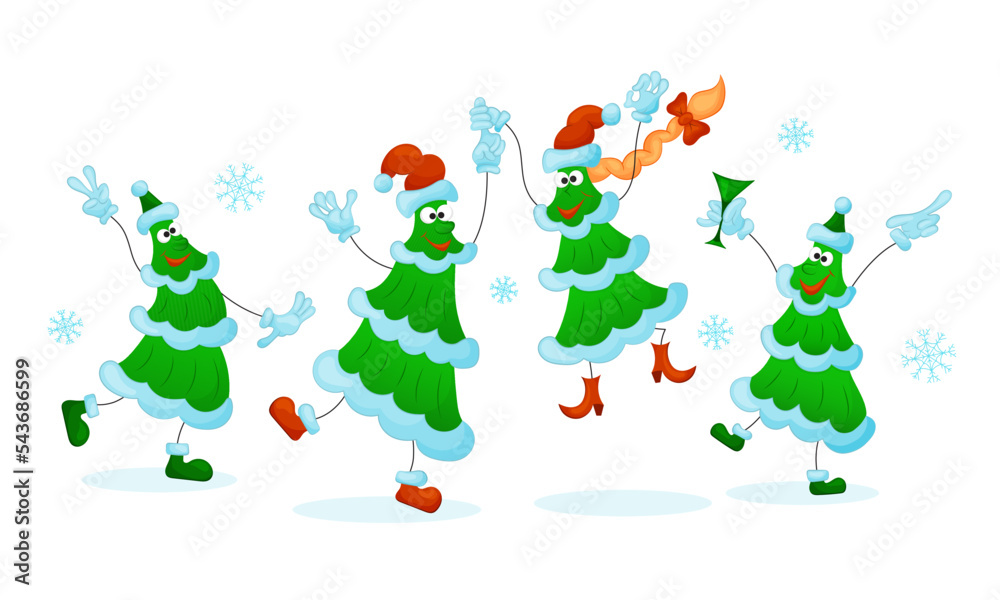 Jolly dancing Christmas trees in Christmas hats and snowflakes. Christmas party and Christmas dancing. Vector illustration on white background.