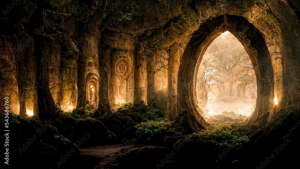 Fototapeta premium Ancient gate in the forest, portal to another world, enchanted place, magic and fantasy 