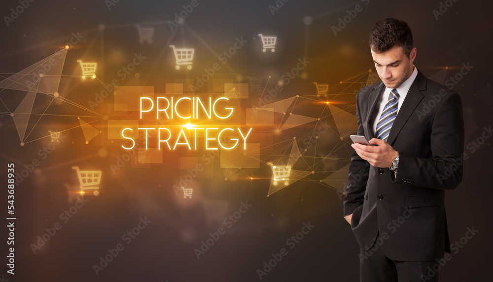 Businessman thinking about shopping concept Businessman thinking about shopping concept