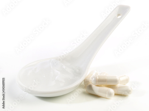 Liquid Silicea Gel with Pills - Silica colloidal mineral isolated on white Background