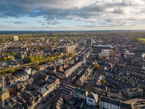 Aerial landscape view of the Harrogate town skyline in North Yorkshire, UK
