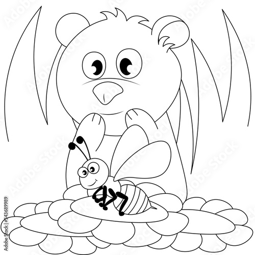 A cute little bear is watching a bee circling over the daisies