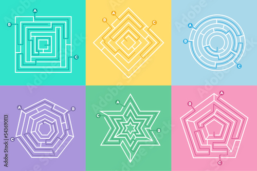 Maze game. Circle labyrinth. Square and polygonal shapes. Digital go map border. Corporate door exercise. Route to entrance from exit. Different puzzles set. Vector background tidy concept