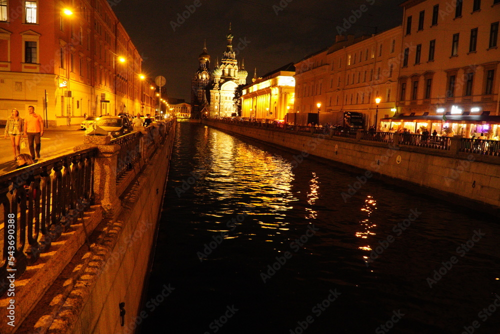 Beautiful night street with lighting in St. Petersburg. Saint Petersburg, Russia - August 20, 2022: