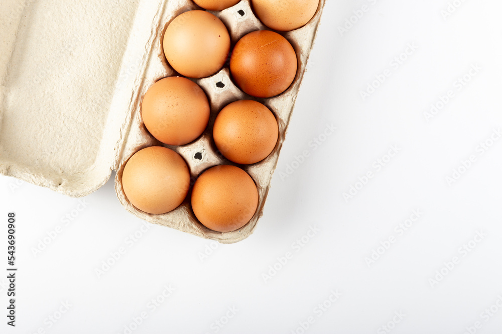 A tray of brown fresh hens eggs on white background. Eco-friendly egg production. Baking ingredients. Organic chicken eggs - fresh from producer. Top view. A tray of brown fresh hens eggs on white background. Eco-friendly egg production. Baking ingredients. Organic chicken eggs - fresh from producer. Top view.