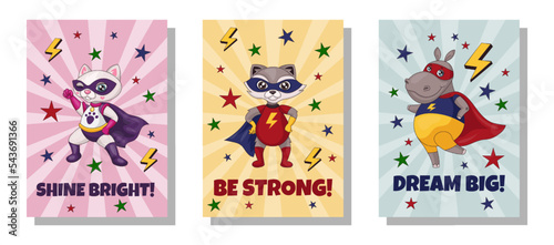 Cute brave animals. Superhero posters. Strong nature cards in comic style. Fun wildlife. Hero mammals in bright costumes. Heroic poses. Happy raccoon and hippo. Vector design banners set