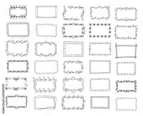 Flower frame borders, geometric decorative ornaments. Hand drawn cute floral outline elements, line brush tidy patterns. card decor, banner template. Pencil drawing vector design background