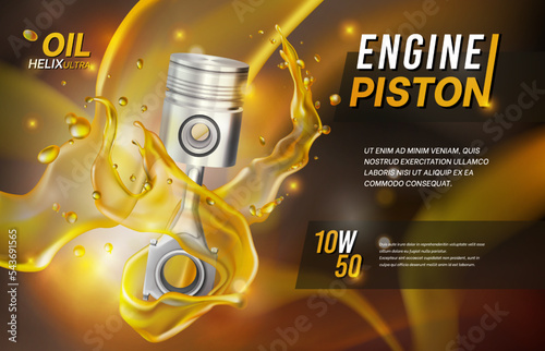 Engine piston. Car motor oil splash. 3D liquid petrol change. Auto mechanic service. Vehicle fuel advertising banner. Automotive synthetic fluid lubricant. Vector design background