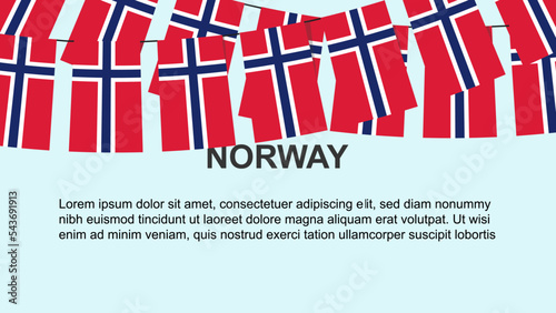 Norway flags hanging on a rope, celebration and greeting concept, independence day