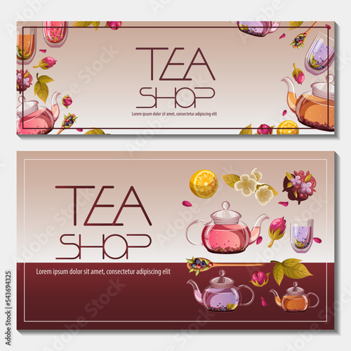 Set of flyers with teapots kettles,mugs cups of tea, leaves, flowers. Tea shop,cafe-bar,tea party,beverages concept. Vector illustration for poster,banner,flyer,menu,promotion.