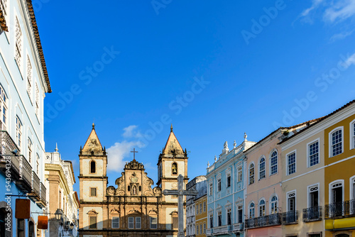 Facades of old and historic church and houses in colonial and baroque style in the tourist center of Pelourinho, city of Salvador, Bahia
