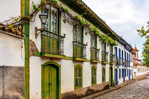 Colonial style houses and cobblestone street in the old and historic town of Diamantina in Minas Gerais, Brazil