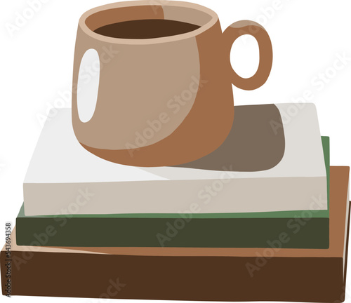 Vector brown mug stands on a stack of colorful books