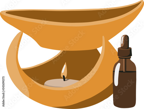 Vector yellow aroma lamp with a burning candle and oil in a brown jar nearby