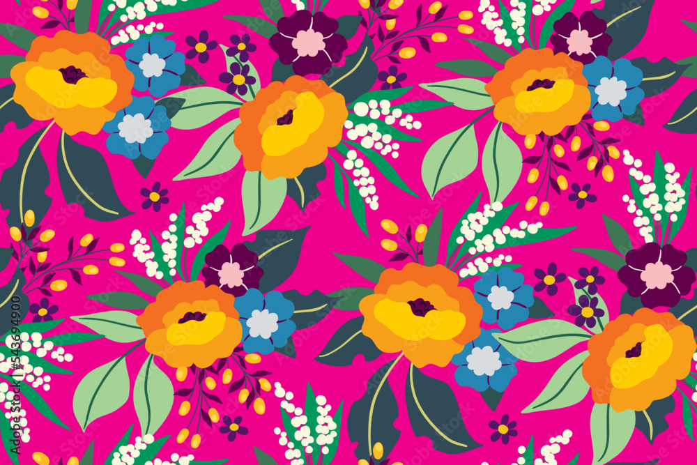 Seamless floral pattern, colorful flower print with bright summer bouquets on a pink background. Pretty ditsy design with large and small flowers, lush foliage in an abstract arrangement. Vector.