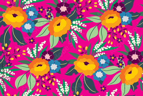 Seamless floral pattern, colorful flower print with bright summer bouquets on a pink background. Pretty ditsy design with large and small flowers, lush foliage in an abstract arrangement. Vector. © Yulya i Kot