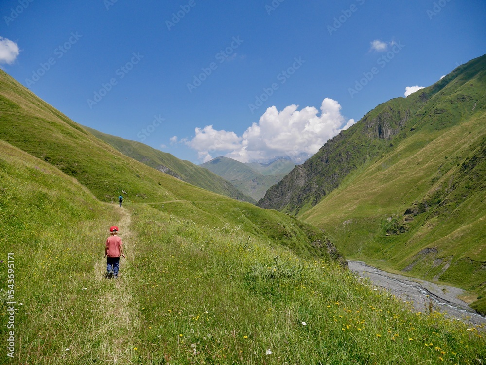 Hiking in Artkhmo valley. Kazbegi region, Georgia.