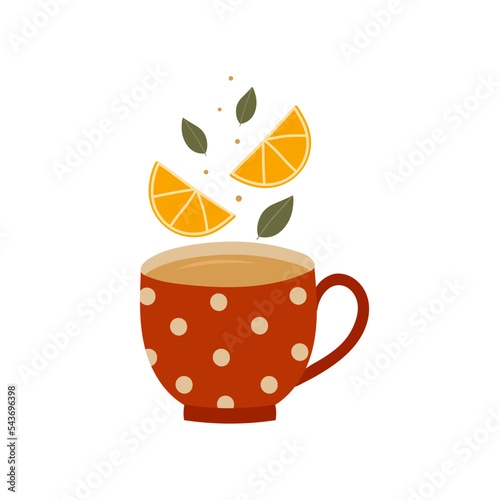 Red cup of tea with lemon slices and leaves. Hand drawn doodle style design. 
