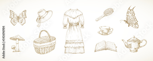 Cottagecore style items collection. Hand Drawn Sketch Vector Illustrations set. Countryside Recreation and Picnic Doodle goods Isolated