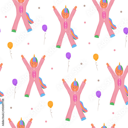 Seamless pattern with kid in pink unicorn kigurumi pajama