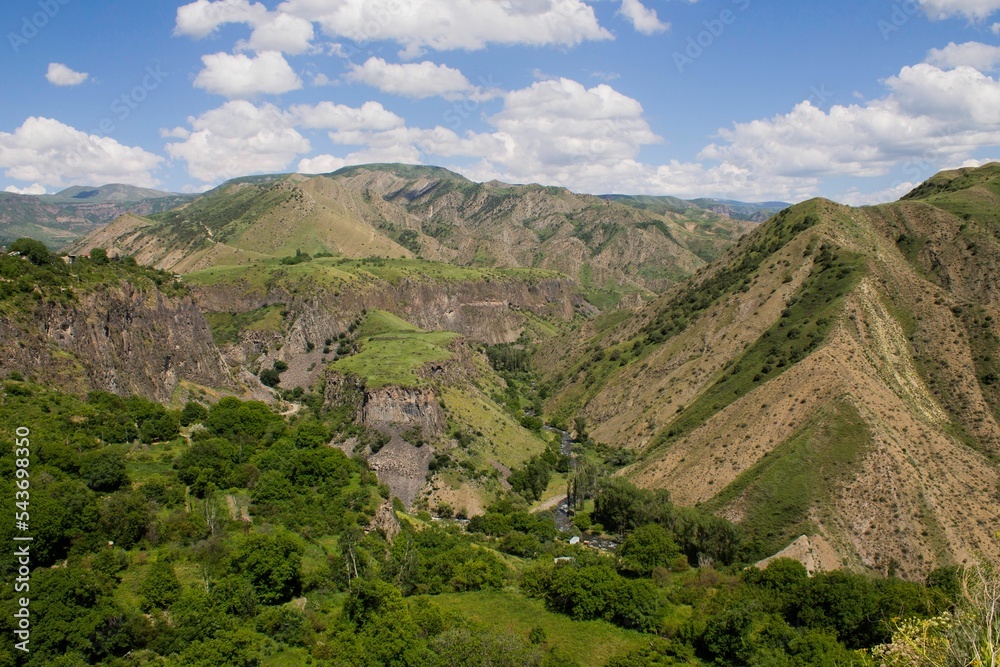 Aerial view of beautiful rocky cliffs and mountains in the rural countryside of Armenia
