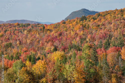 Colorful autumn foliage and treelined mountain peaks of Pliny Mountain Range in northern section of White Mountain National Forest of New Hampshire. photo