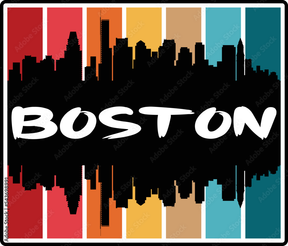Boston Massachusetts USA Skyline Sunset Travel Souvenir Sticker Logo Badge Stamp Emblem Coat of Arms Vector Illustration EPS