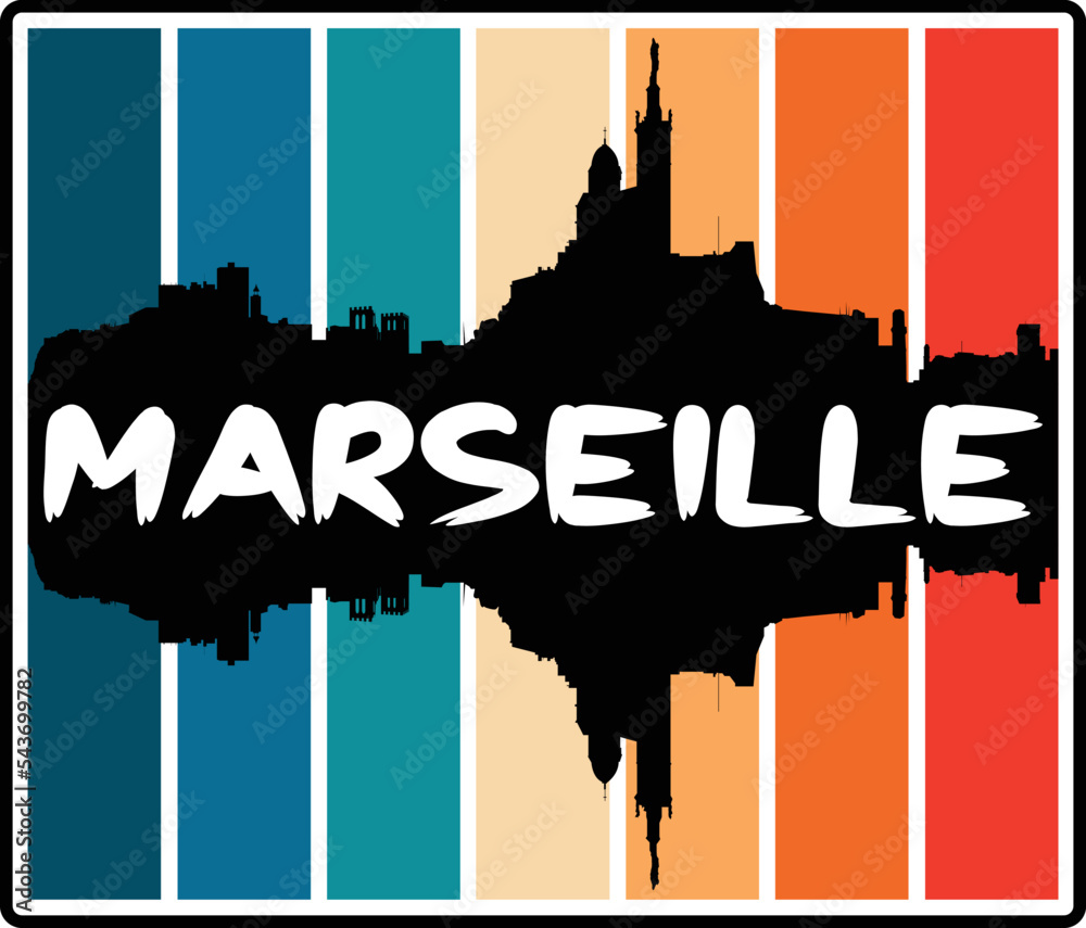 Marseille France Skyline Sunset Travel Souvenir Sticker Logo Badge Stamp Emblem Coat of Arms Vector Illustration EPS