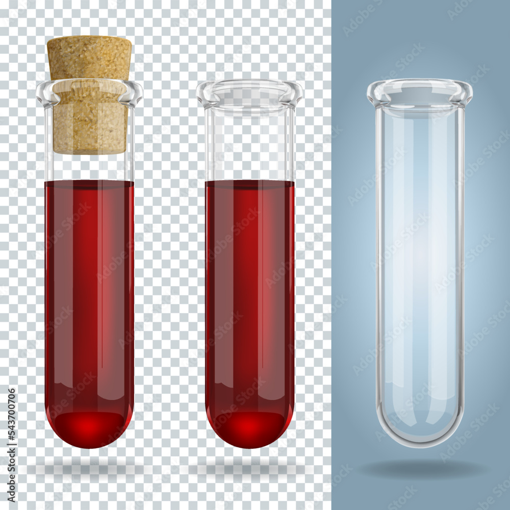 Three 3D transparent glass test tubes with red liquid. Vector Illustration. Three 3D transparent glass test tubes with red liquid. Vector Illustration.