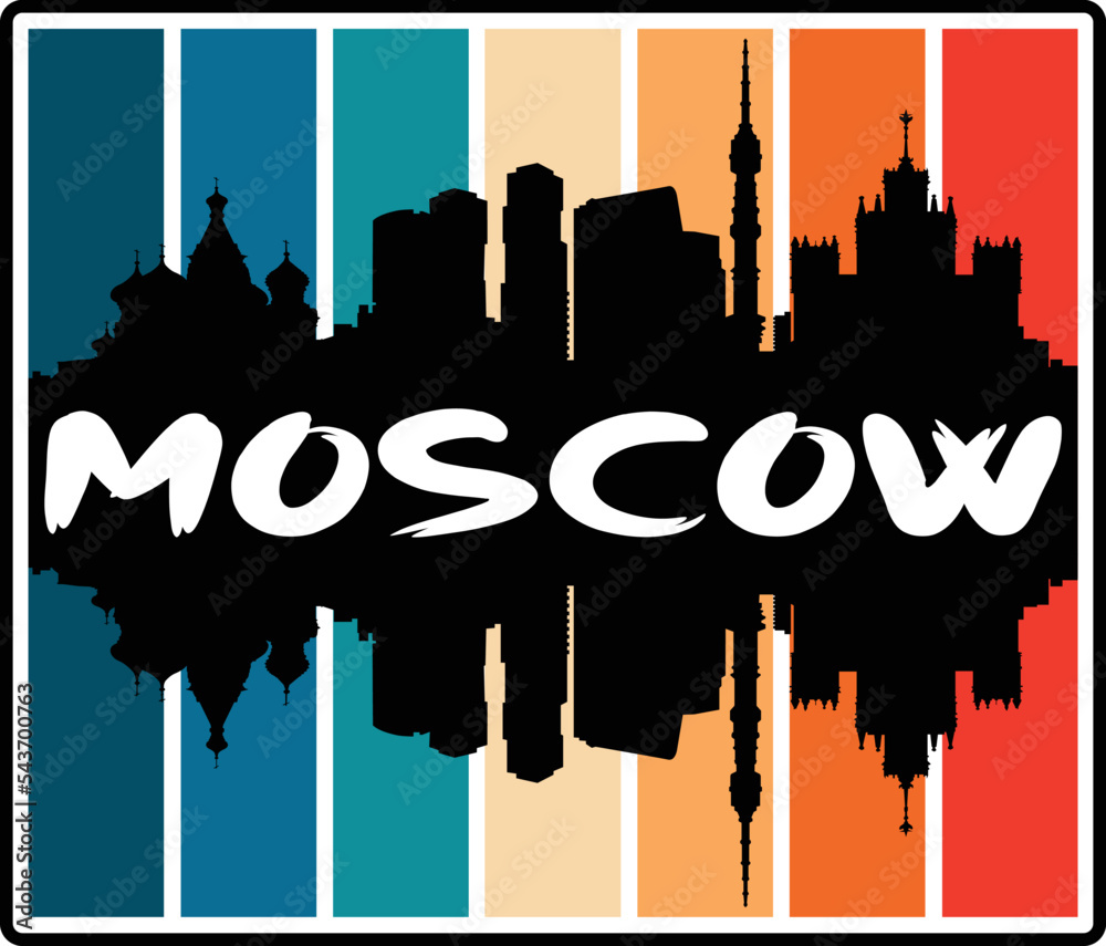 Moscow Russia Skyline Sunset Travel Souvenir Sticker Logo Badge Stamp Emblem Coat of Arms Vector Illustration EPS