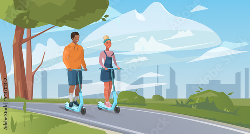 Outdoor recreational activities. Couple with electric walk scooters on the cityscape. Vector illustration in flat style. Eco-friendly transport in a modern city.