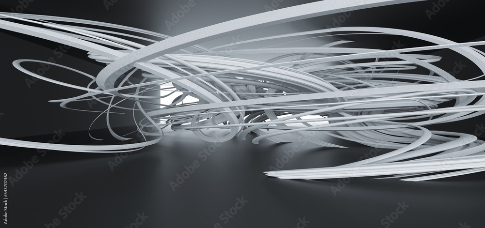 Luxury parametric abstract architectural minimalistic background. Contemporary showroom. Modern black exhibition tunnel. Empty gallery. Neon backlight. Night. Space. 3D illustration and rendering.