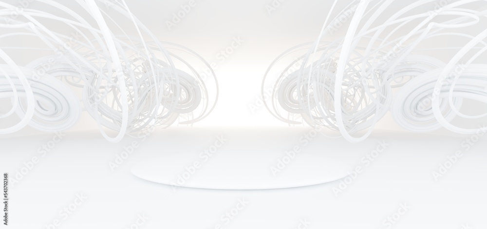 Abstract architectural minimalistic background. Laser show in the ultraviolet spectrum. Modern impulse tunnel. Futuristic space sci-fi frame neon backlight. 3D illustration and rendering.