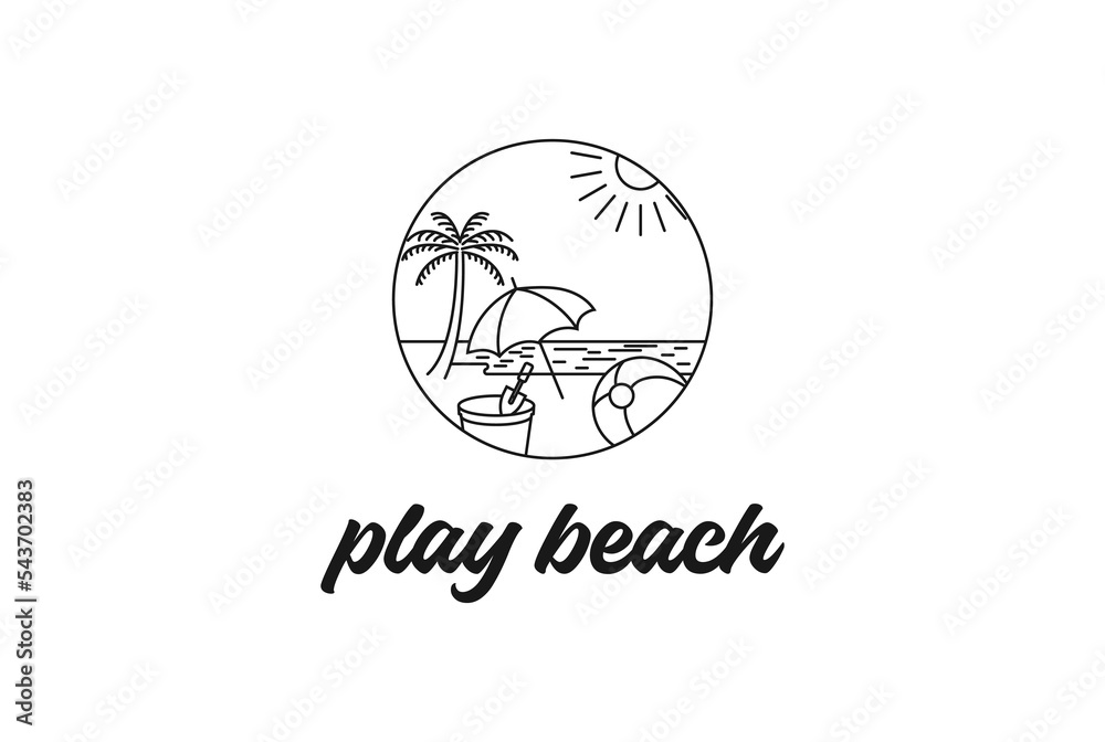 Fun Beach with Ball and Sand Pot and Umbrella for Kids Play Travel Vacation Logo Design