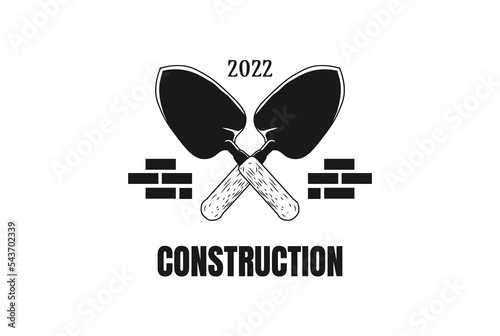 Vintage Cement Spoon Shovel Spade Scoop Trowel and Brick Wall for Builder Construction Logo Design