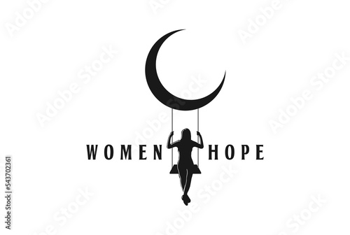 Woman Girl Lady Swing Moon Crescent Logo Design