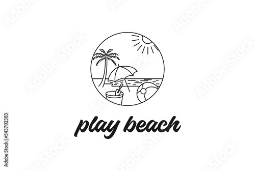 Fun Beach with Ball and Sand Pot and Umbrella for Kids Play Travel Vacation Logo Design