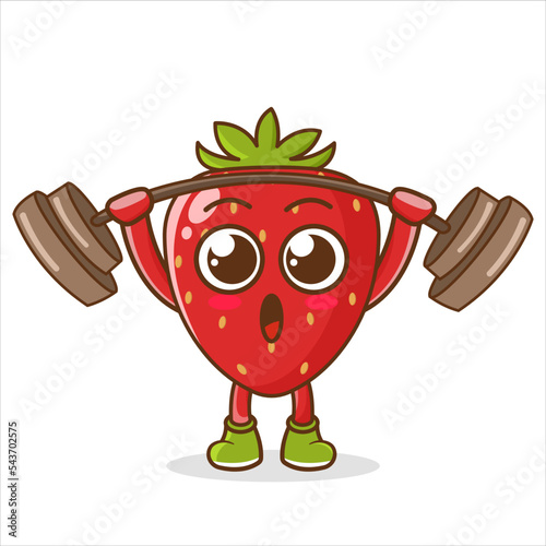 Cute cartoon strawberry is fitness with barbell. strawberry lifting the barbell character. cartoon mascot vector