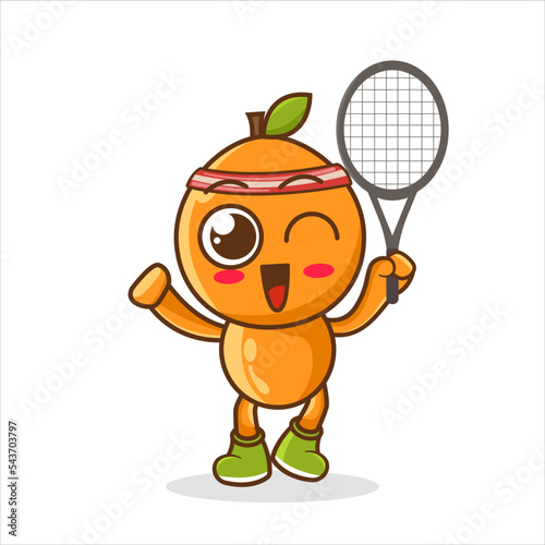 Orange playing badminton illustration. character vector. Cartoon fruits sportsmen. cute orange fruit Concept White Isolated. Flat Cartoon Style Suitable for Landing Page, Banner, Flyer, Sticker.