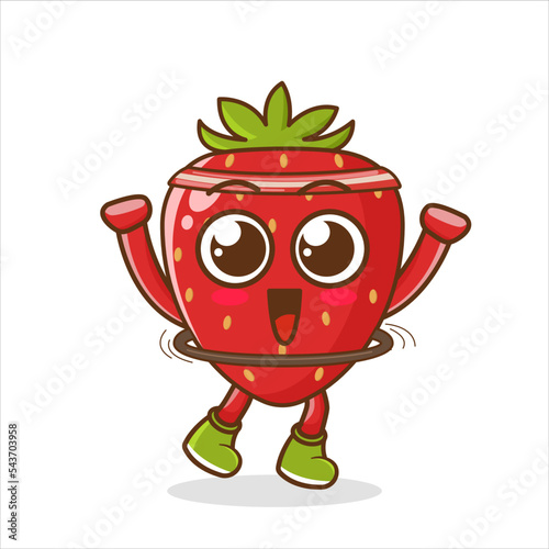 Spinning a hula hoop Strawberry cartoon. Mascot Character vector. cute strawberry cartoon is playing hula hoop , cute style design for t shirt, sticker, logo element