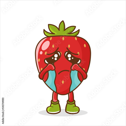 Strawberry cry cute character illustration. Crying sad strawberry fruit icon cartoon isolated on white