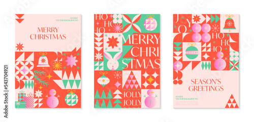 Christmas and Happy New Year greeting banners templates.Festive vector backgrounds in bauhaus style.Traditional winter holiday symbols.Xmas trendy designs for branding,invitations,prints,social media
