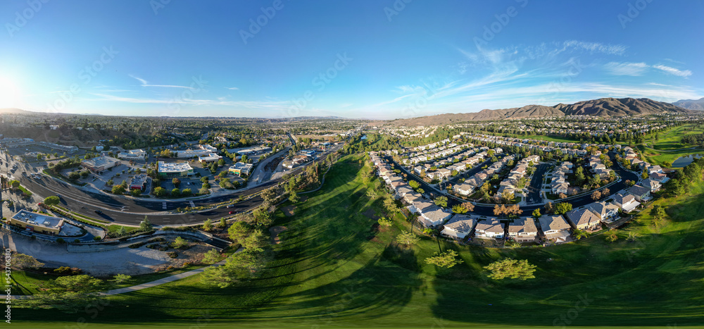 An Aerial UAV Drone View of The City of Yucaipa, California, in Southern California, looking at the Yucaipa Golf Course and the Residential Neighborhood Planned into the Site.