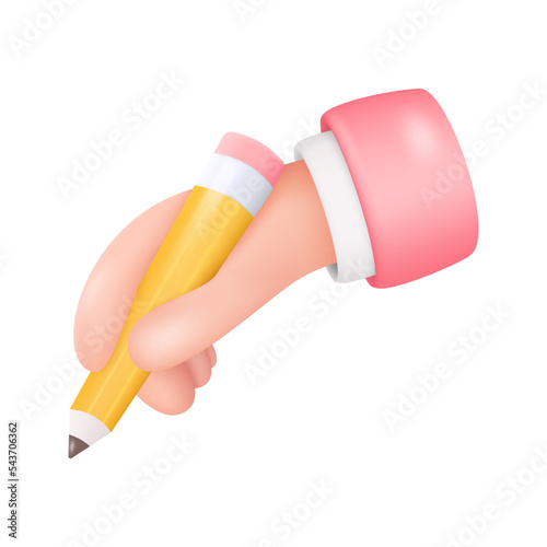 3D Hand Holding Pencil Isolated on White Background. Writing, Journalism, Copywriting, Study Concept. Vector Illustration