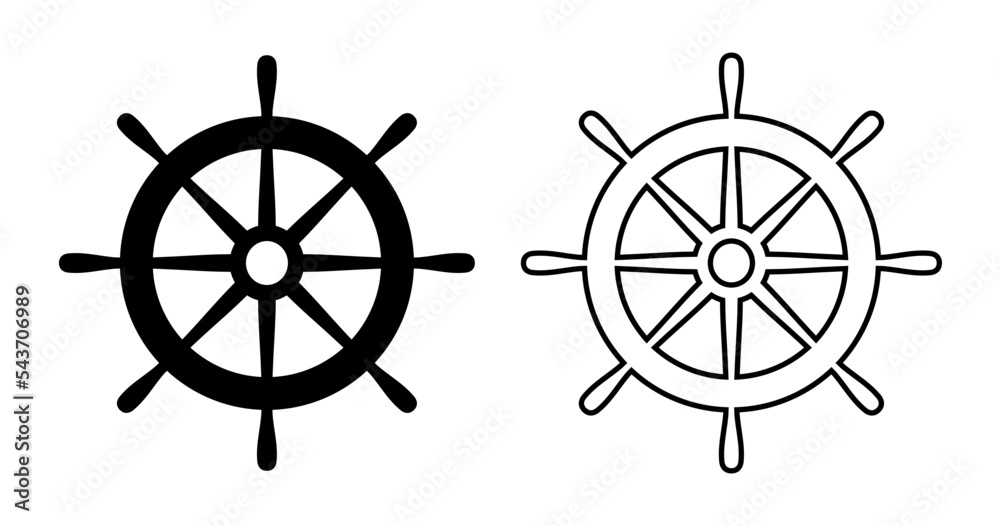 Helm ship icon. Black steering isolated on white background. Rudder boat silhouette. Simple outline ship helm for design travel print. Handle timon. Nautical wheel. Maritime steer. Vector illustration