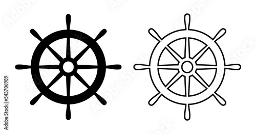 Helm ship icon. Black steering isolated on white background. Rudder boat silhouette. Simple outline ship helm for design travel print. Handle timon. Nautical wheel. Maritime steer. Vector illustration