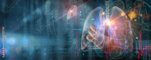 Radiology Doctor working diagnose treatment virtual Human Lungs and long Covid 19 on modern interface screen.Healthcare and medicine,Innovation and Medical technology Concept.