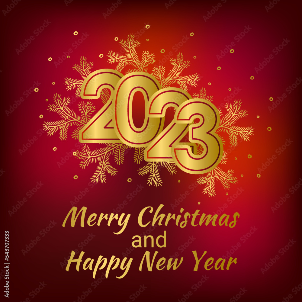 2023 Red Christmas card with Golden  Christmas tree. Merry Christmas and Happy New Year text with Snowflakes, lettering for greeting cards, banners, posters, isolated vector illustration